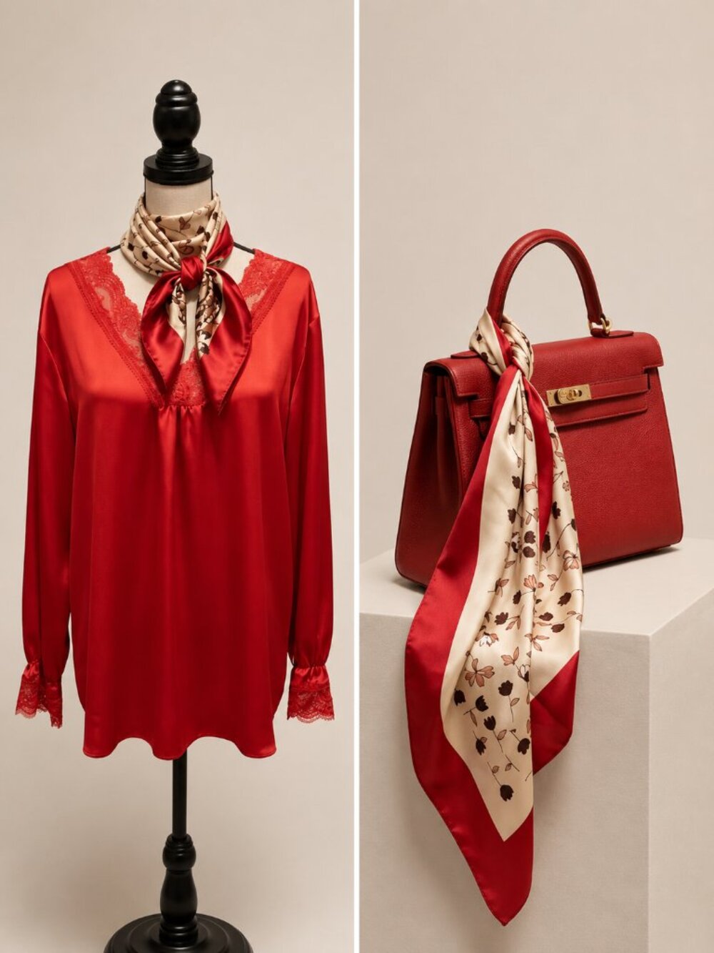 2 Pc Red Satin Chemise Set Lace Trim Scarf Vintage Style Size L